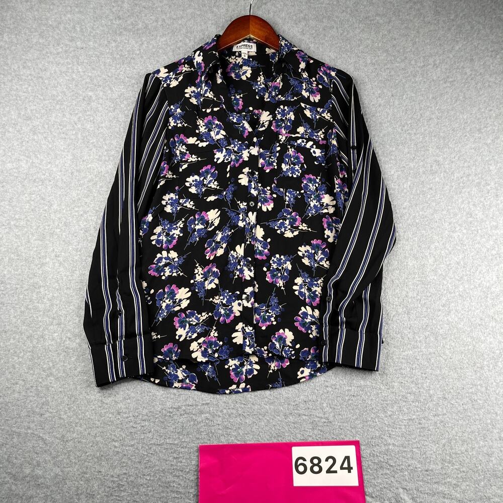 Express The Portofino Shirt Womens XS Navy Blue Colorful Flower Casual Button